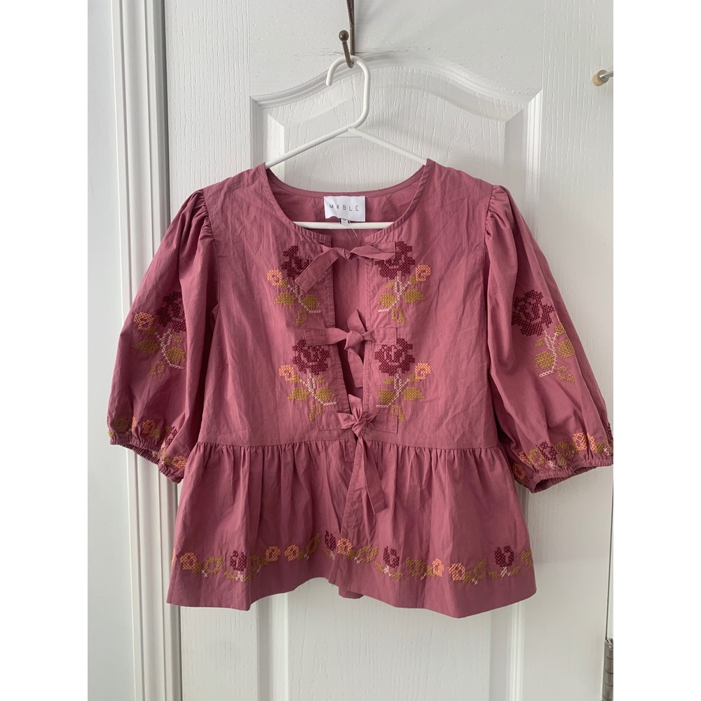 Mable Mauve Pink Embroidered Tie Front Puff Sleeve Peplum Blouse MT1701A M